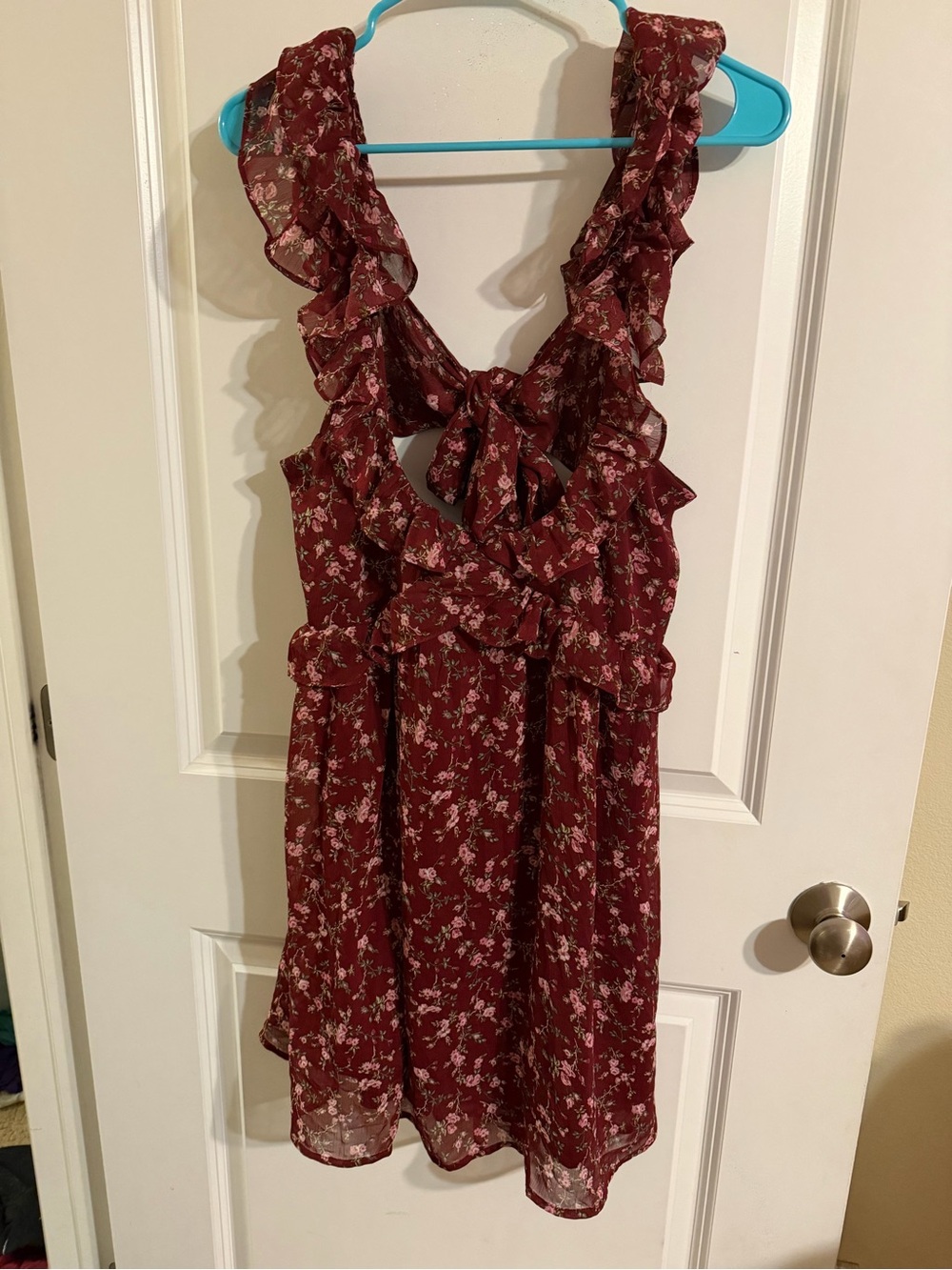 Altar'd State Burgundy Floral Ruffle Tie-Back Mini Dress